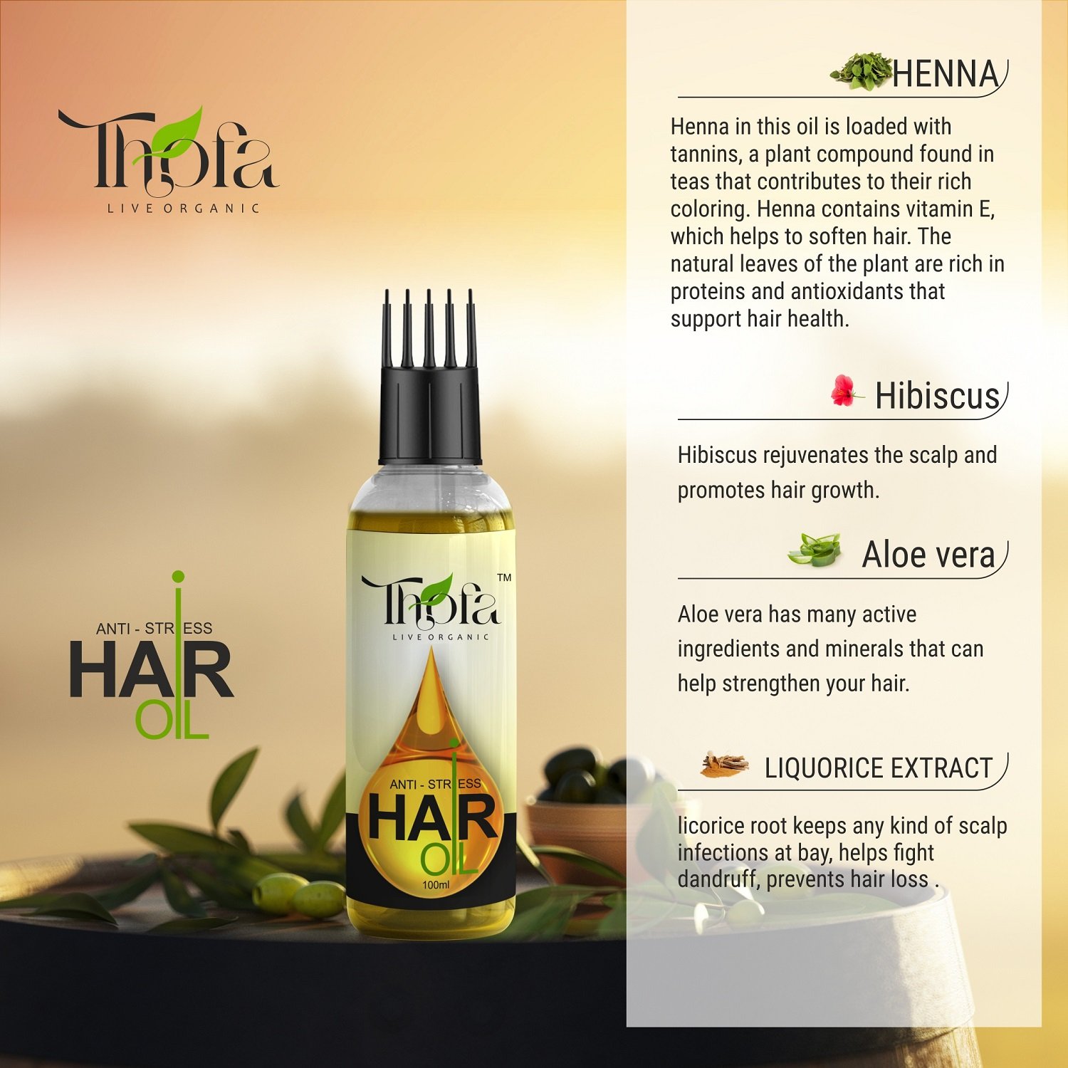 Thofa Anti Stress Hair Oil Enriched with Henna, Neem, Onion & Almond Oil |  Natural Hair-care Oil | For Men & Women | 100ML
