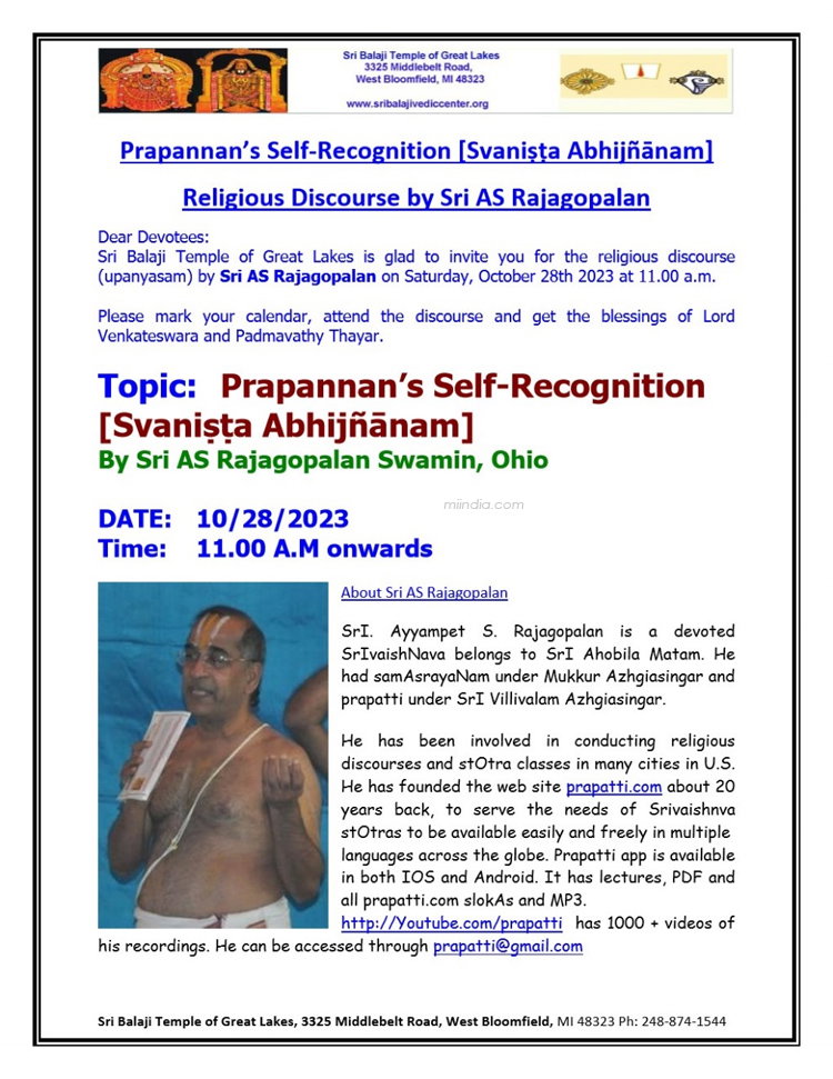 Religious Discourse by Sri AS Rajagopalan @ Sri Balaji Temple